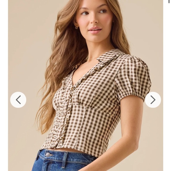 Altar'd State Tops - Altar'd state Skylar brown Gingham PUFF SLEEVE  Top NEW XXL